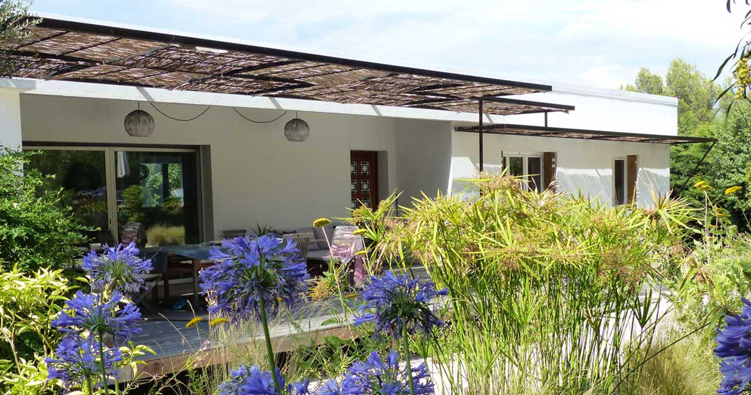 Terrasse avec pergola et agapanthes violettes en fleurs