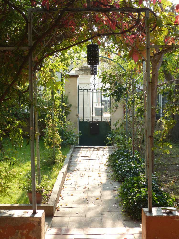 Aménagement de l'entrée du jardin avec une pergola et des plantes grimpantes